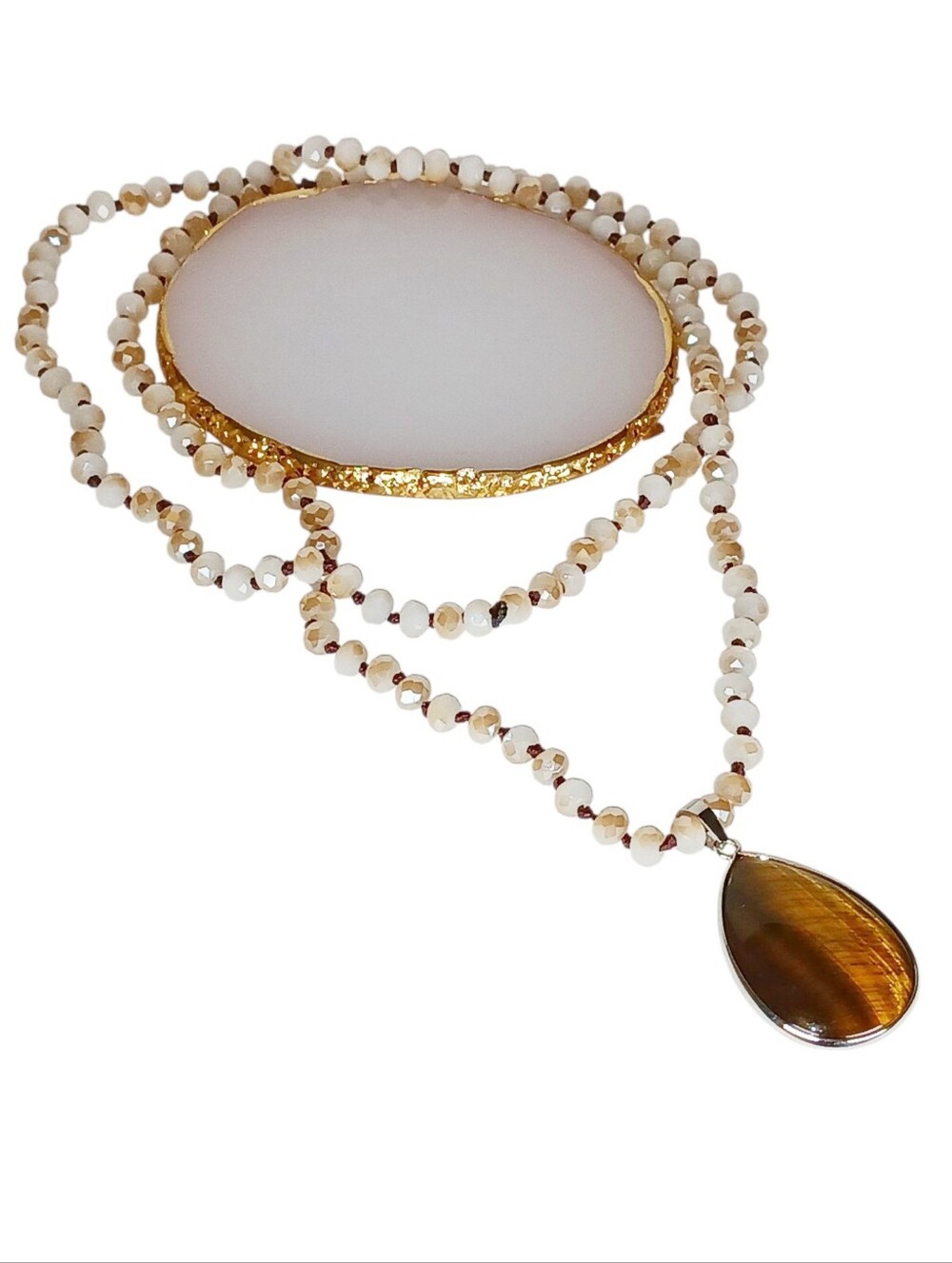 Long beaded  Tear Drop Tiger Eye Pendant Necklace 70s Retro Revival Whimsygoth
